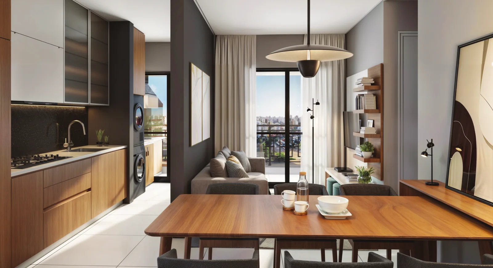 Apartamento decorado: living, jantar e cozinha
